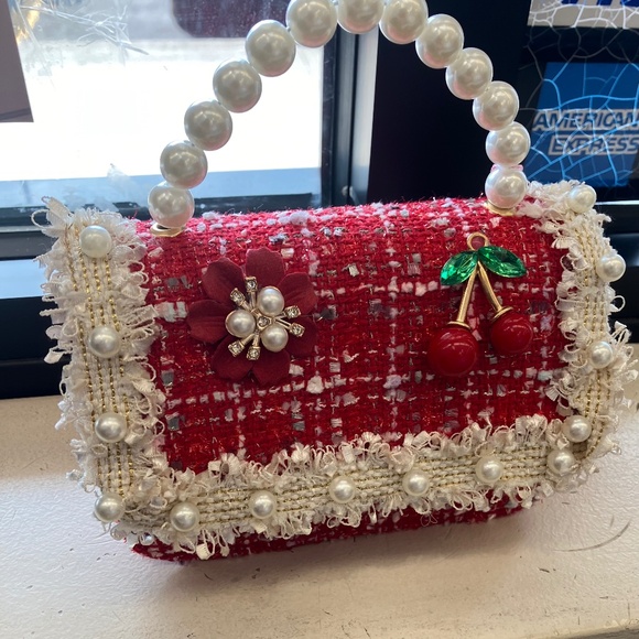 New Cherry Red Faux Pearls Fashion Tweed Mini Kelly Bag + crossbody strap gift - Picture 1 of 5